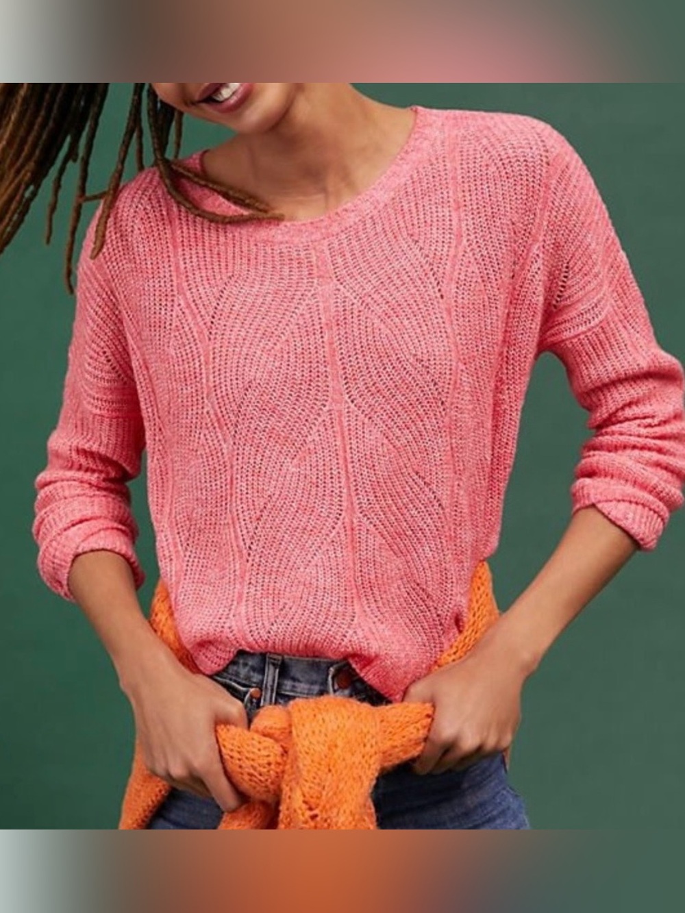 Anthropologie Sweater Cable Knit Oversized Keely Wool Cotton Blend Pink Sz S